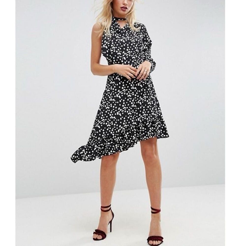 Asos One  Shoulder Assemetric Midi Dress Bow Polkadot size US 6 UK 10